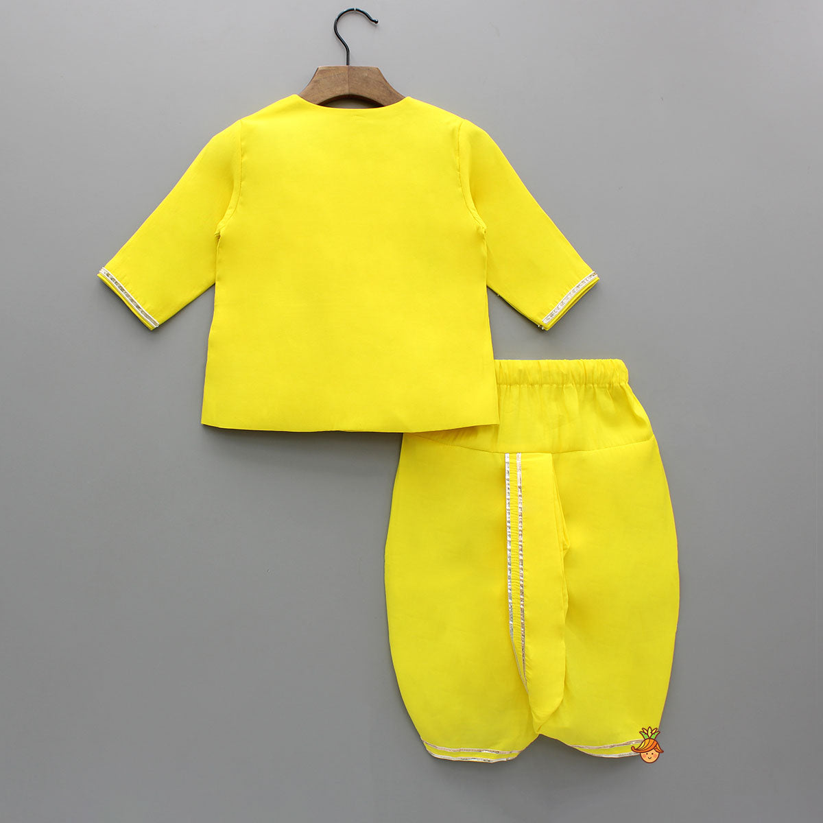 Pre Order: Dual Knot Detail Yellow Kurta And Dhoti With Mor Pankh Mukut