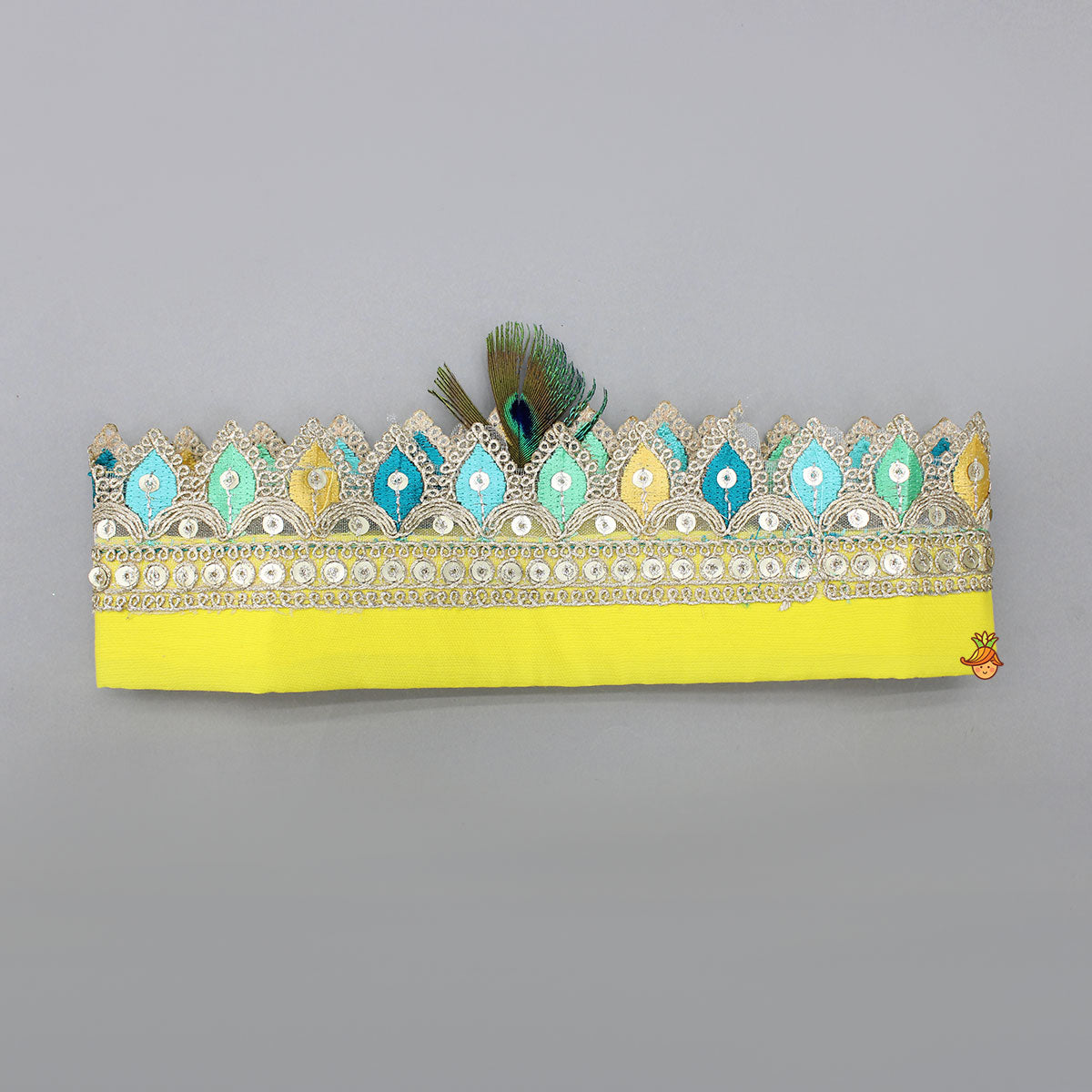 Pre Order: Dual Knot Detail Yellow Kurta And Dhoti With Mor Pankh Mukut