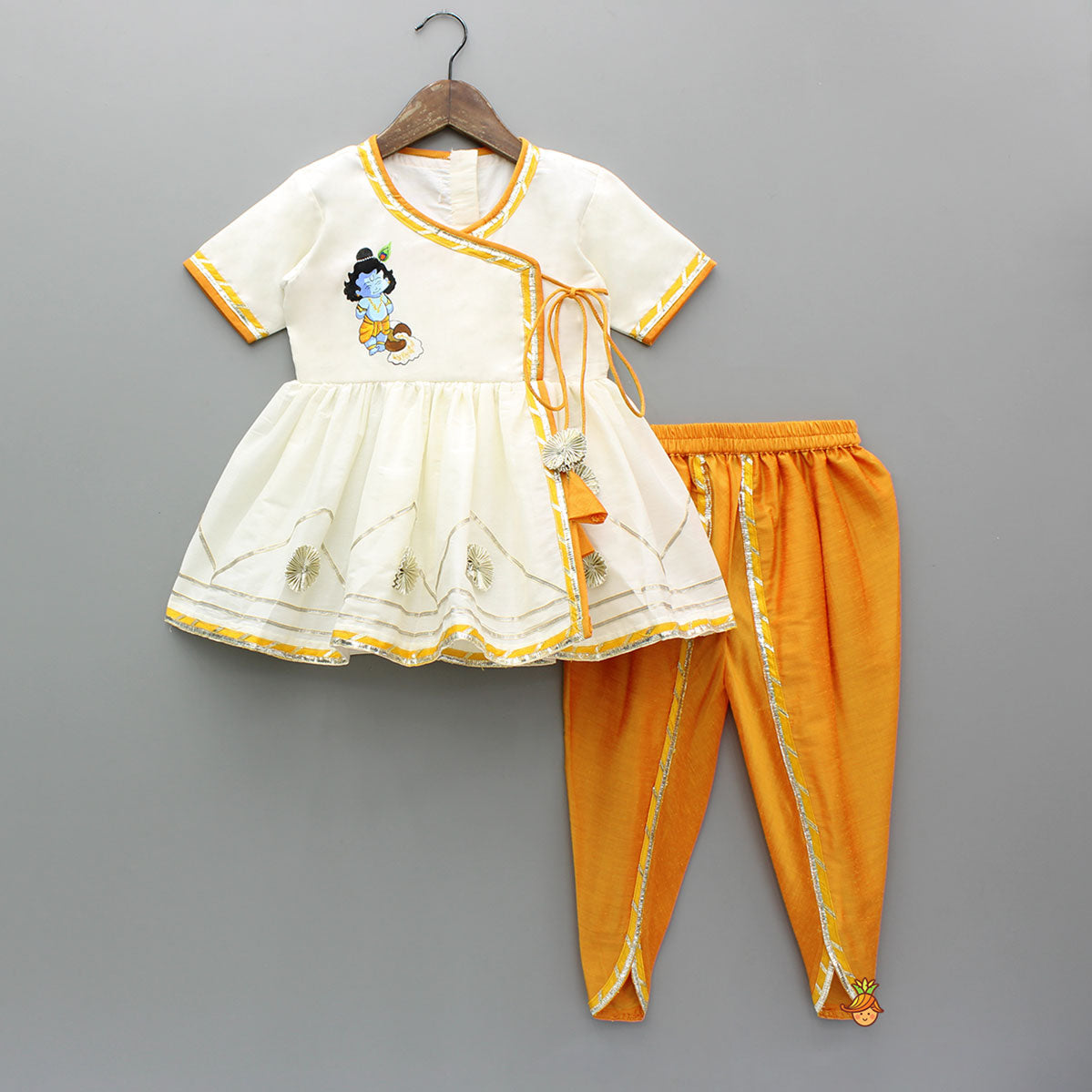Pre Order: Krishna Hand Painted Top With Lace Work Orange Dhoti