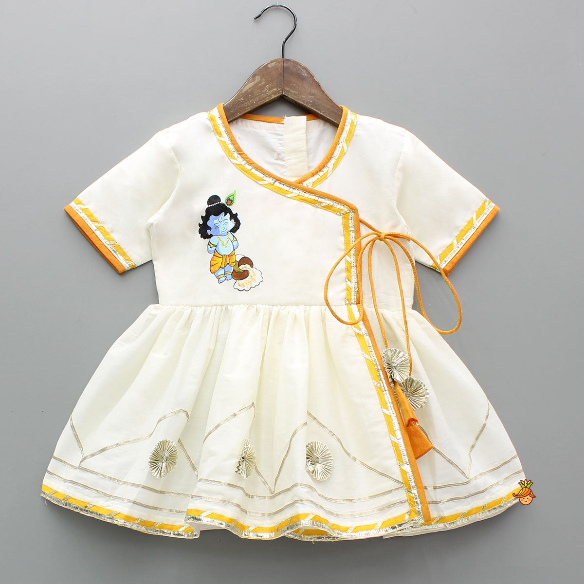 Pre Order: Krishna Hand Painted Top With Lace Work Orange Dhoti