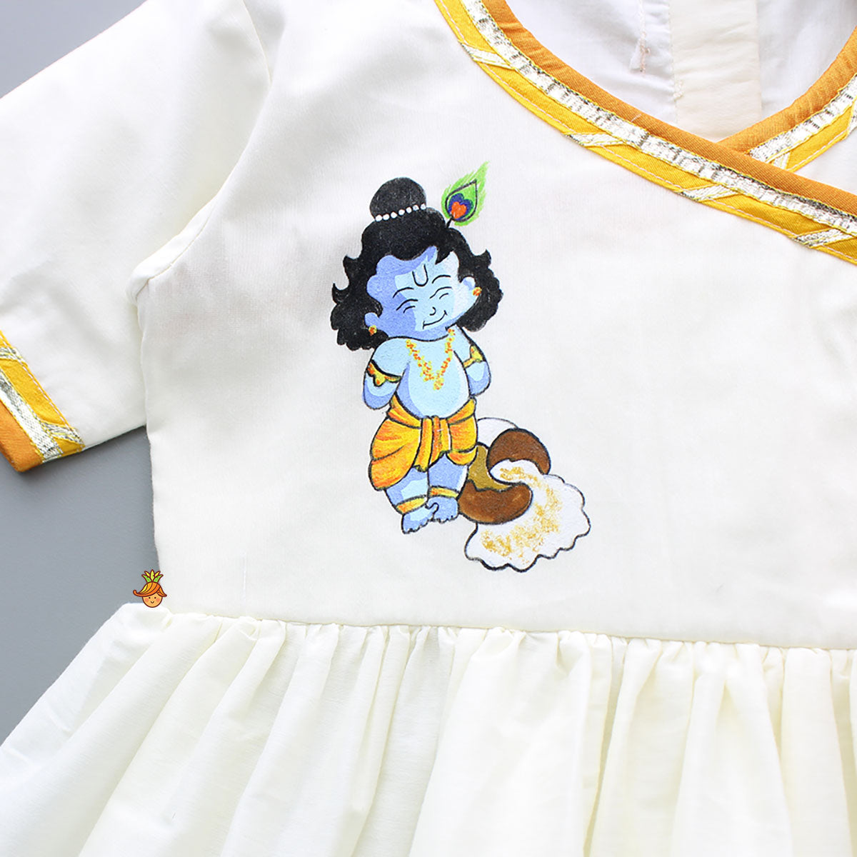 Pre Order: Krishna Hand Painted Top With Lace Work Orange Dhoti