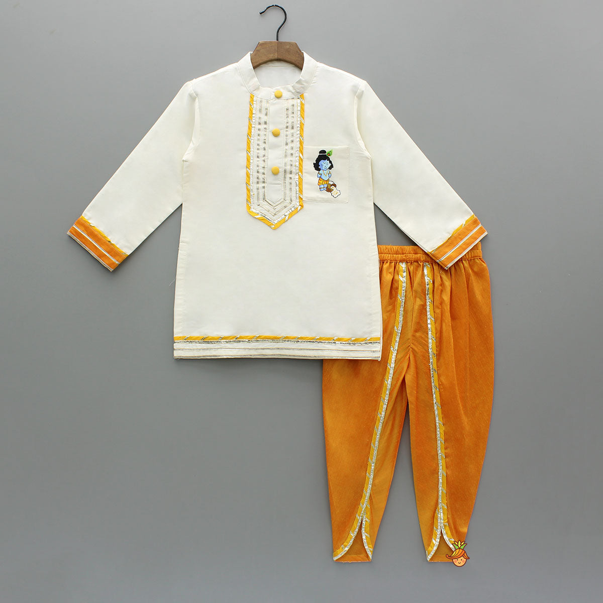 Pre Order: Off White Hand Painted Kurta With Orange Dhoti
