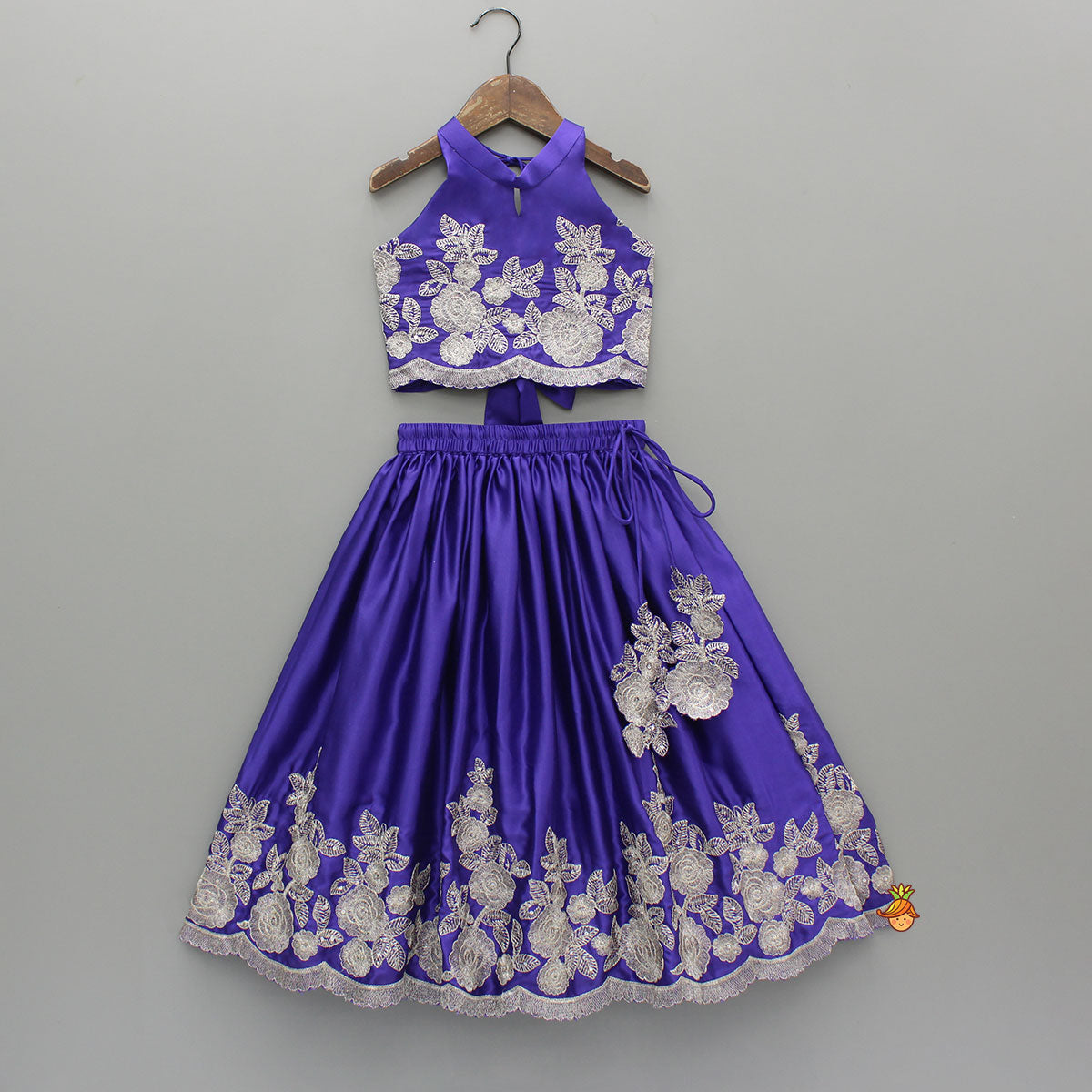 Pre Order: Purple Halter Neck Floral Embroidered Top With Embroidered Lehenga