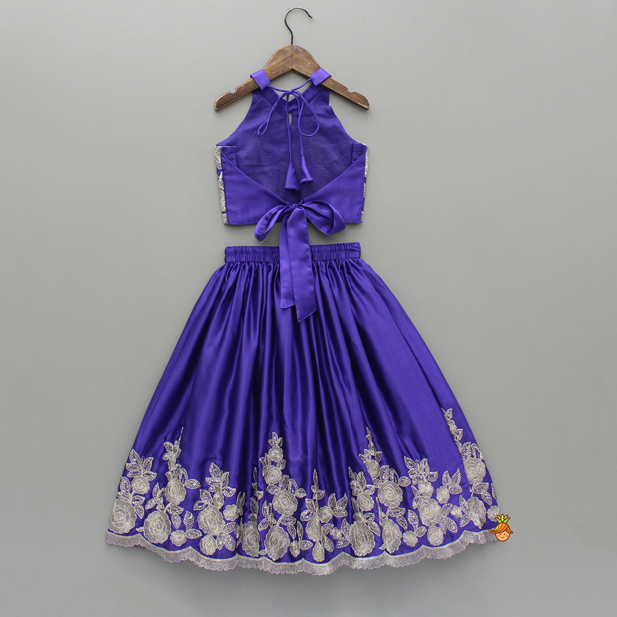 Pre Order: Purple Halter Neck Floral Embroidered Top With Embroidered Lehenga
