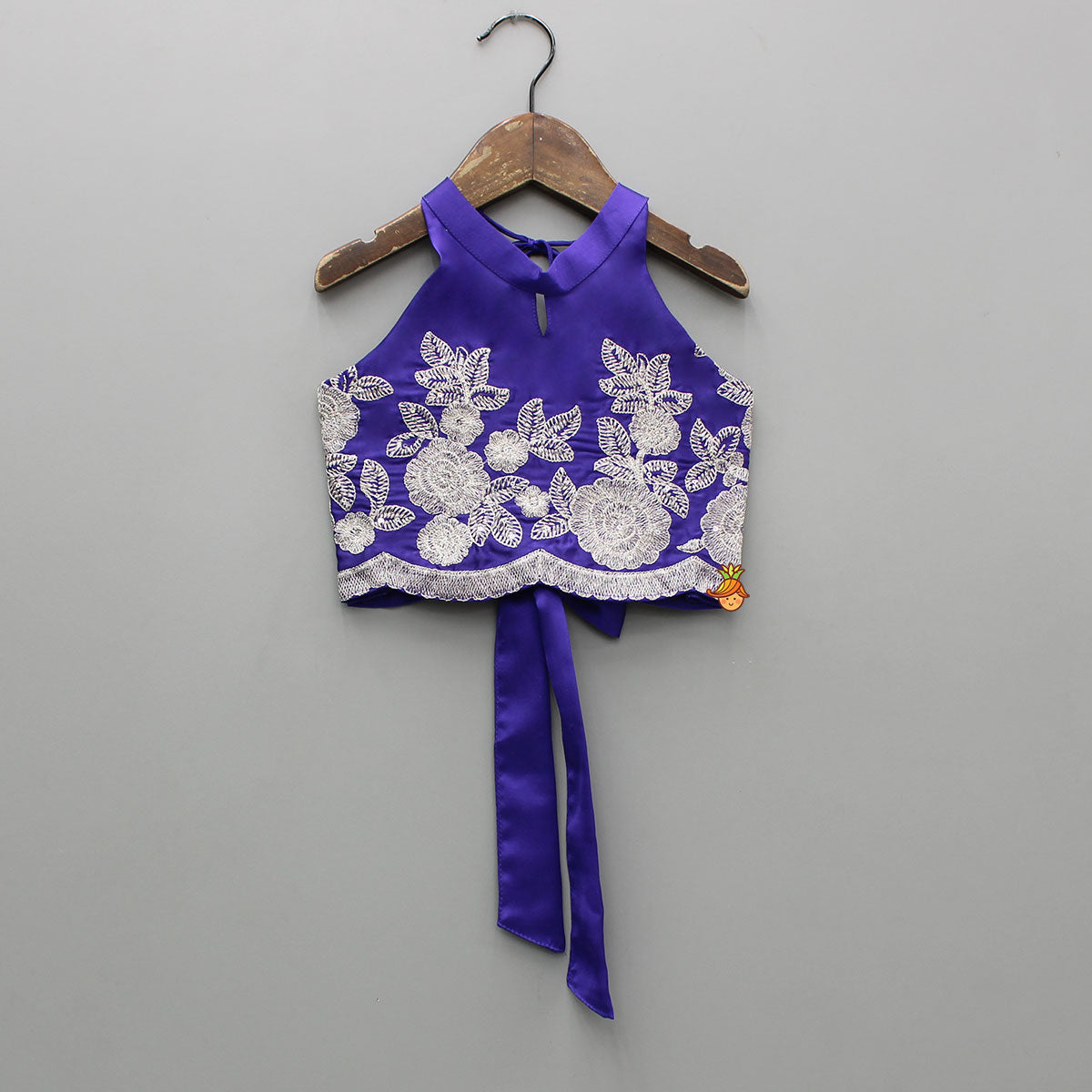 Pre Order: Purple Halter Neck Floral Embroidered Top With Embroidered Lehenga