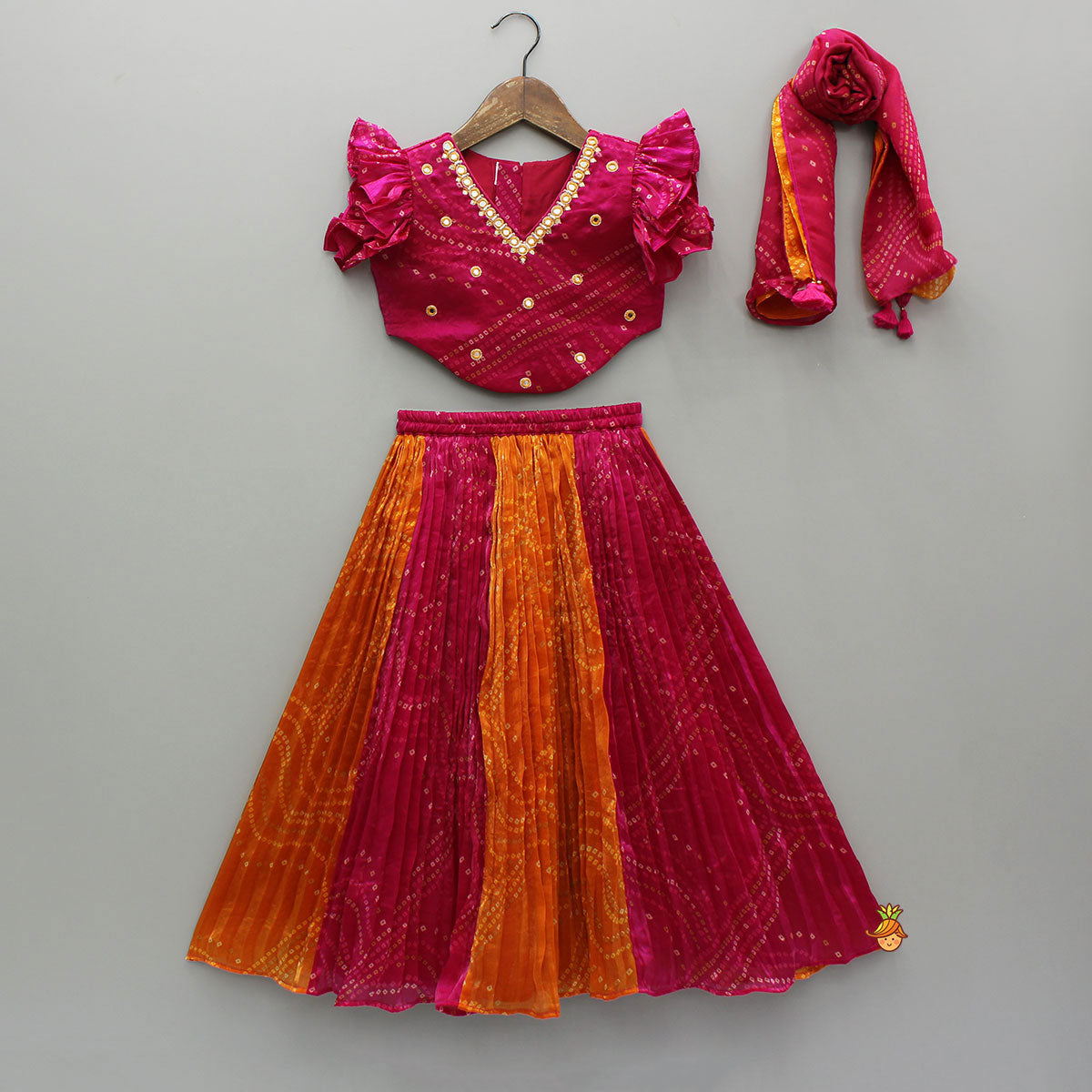 Pre Order: Tissue Flowy Bandhani Top With Lehenga And Dupatta