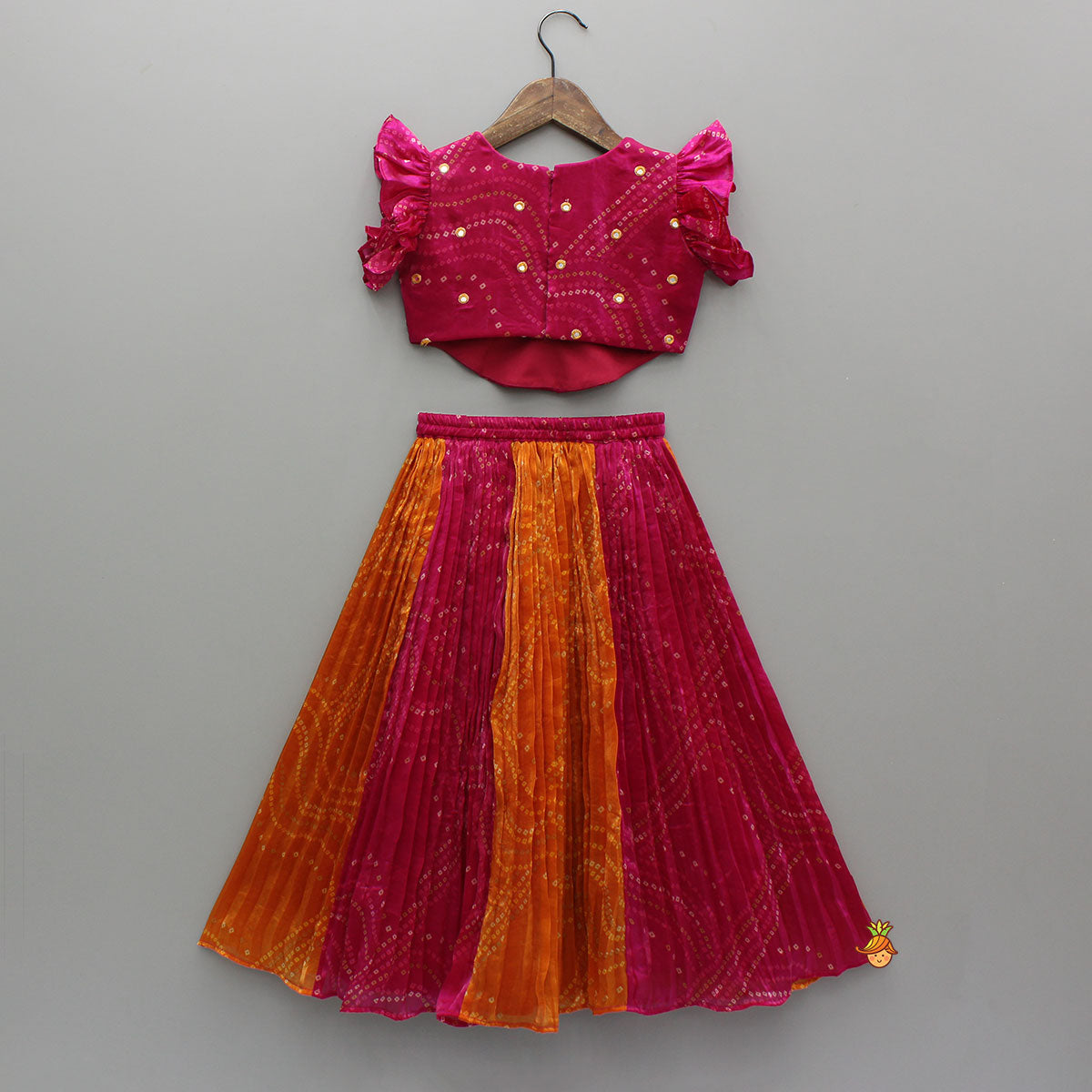 Pre Order: Tissue Flowy Bandhani Top With Lehenga And Dupatta