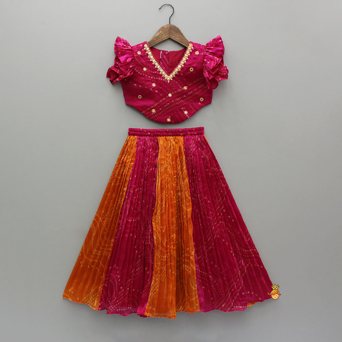 Pre Order: Tissue Flowy Bandhani Top With Lehenga And Dupatta