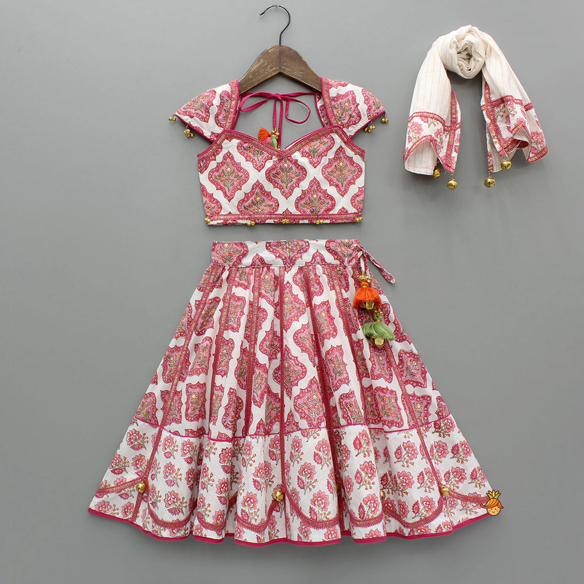 Pre Order: Beautiful Cotton Printed Sweetheart Neck Top With Printed Lehenga And Dupatta