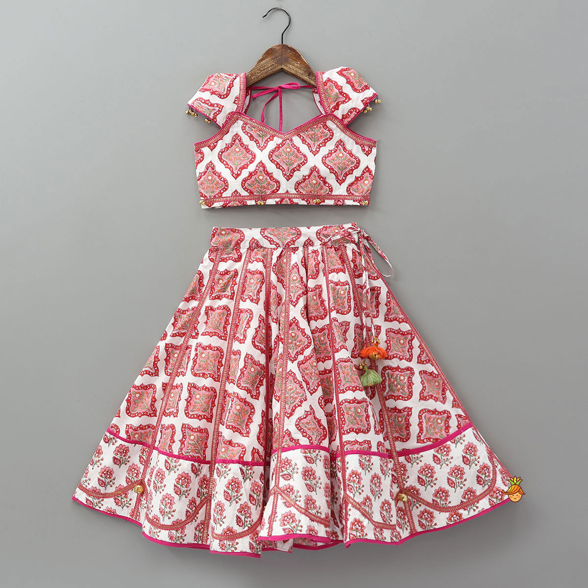 Pre Order: Beautiful Cotton Printed Sweetheart Neck Top With Printed Lehenga And Dupatta