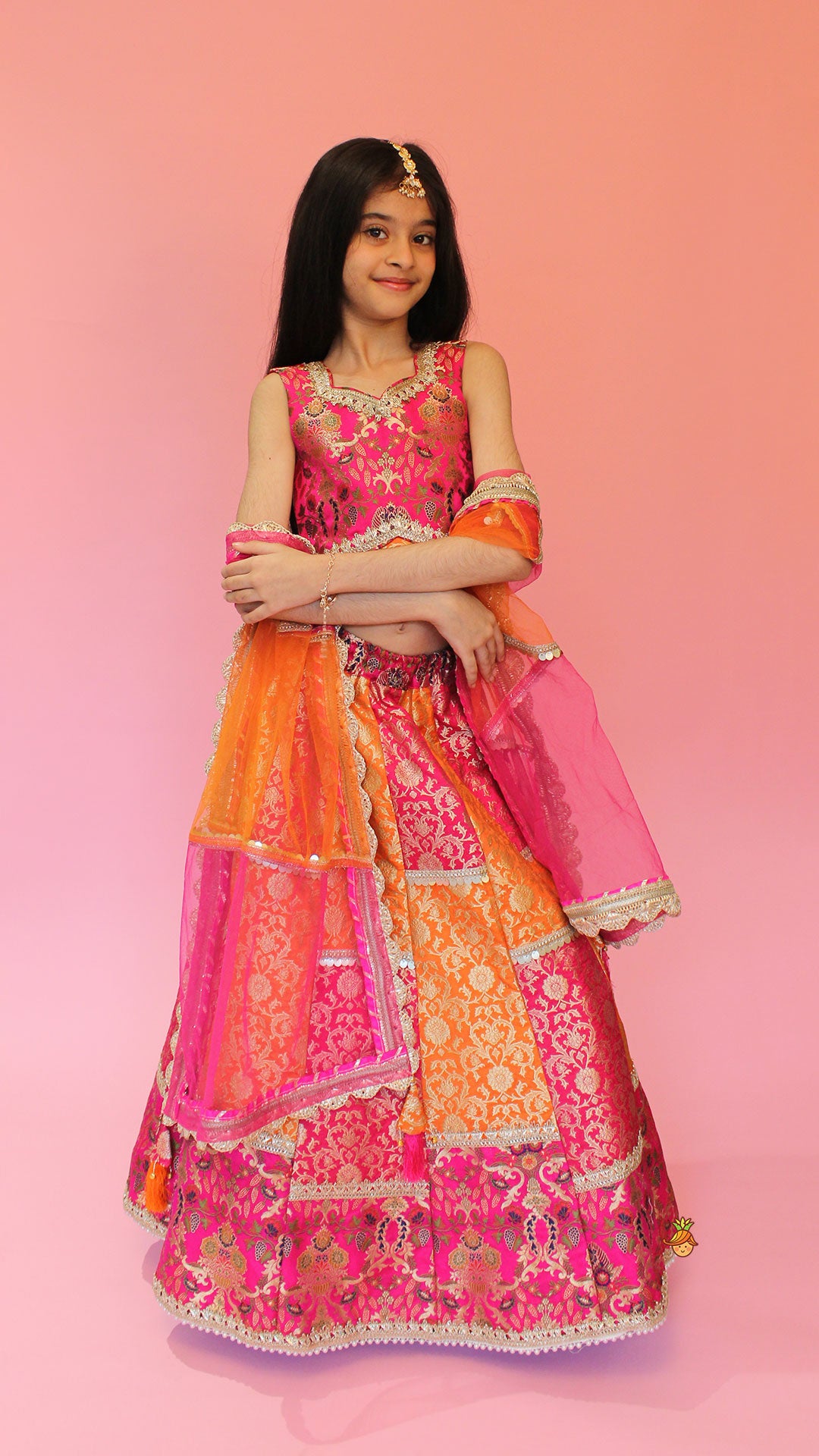 Pre Order: Stylish Brocade Multicolour Top And Lehenga With Net Dupatta