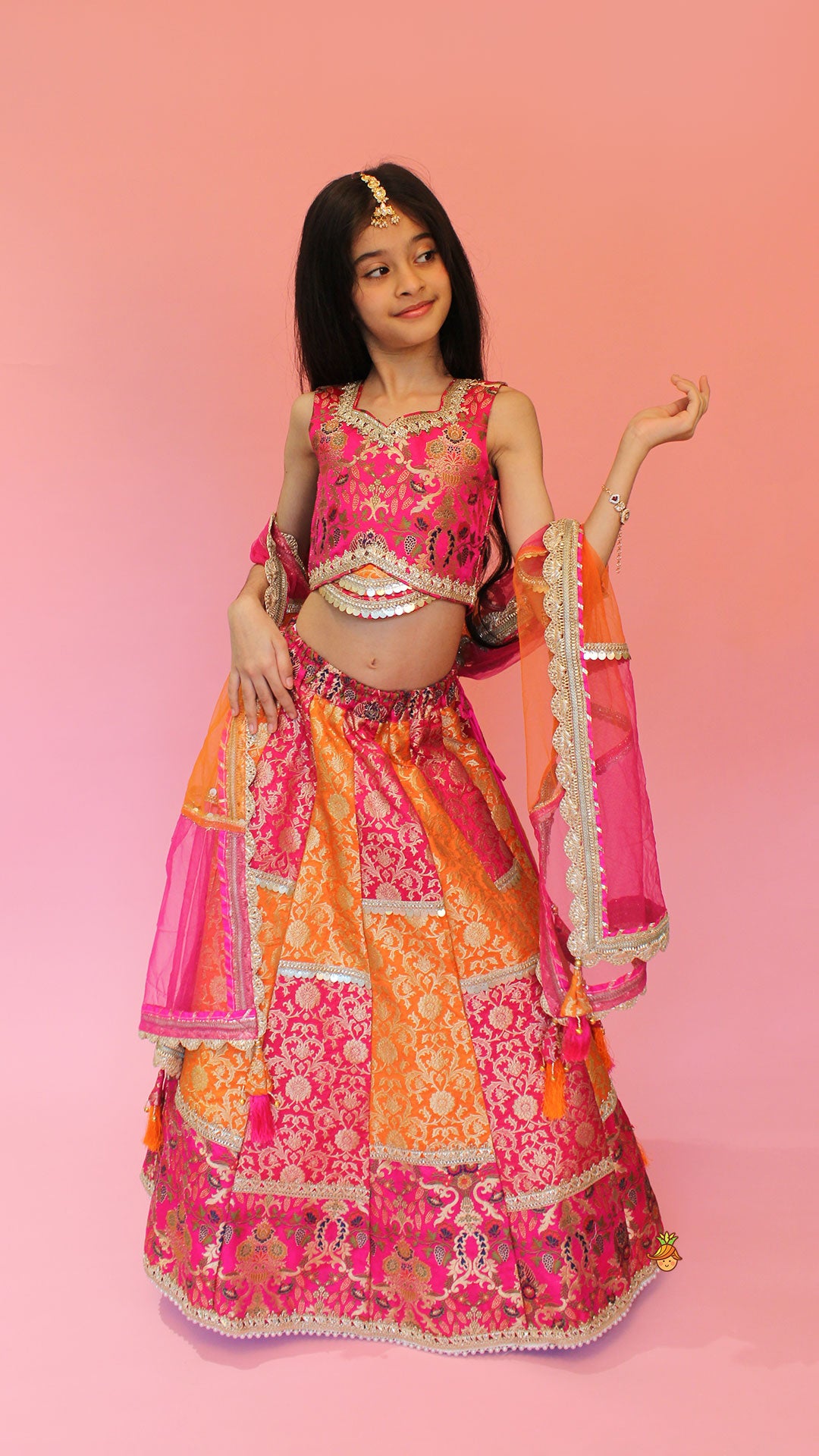 Pre Order: Stylish Brocade Multicolour Top And Lehenga With Net Dupatta