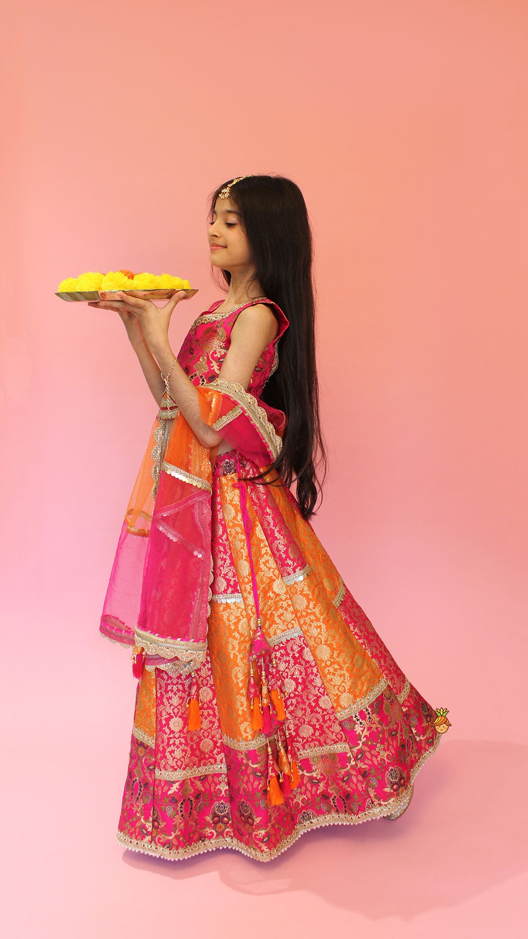Pre Order: Stylish Brocade Multicolour Top And Lehenga With Net Dupatta