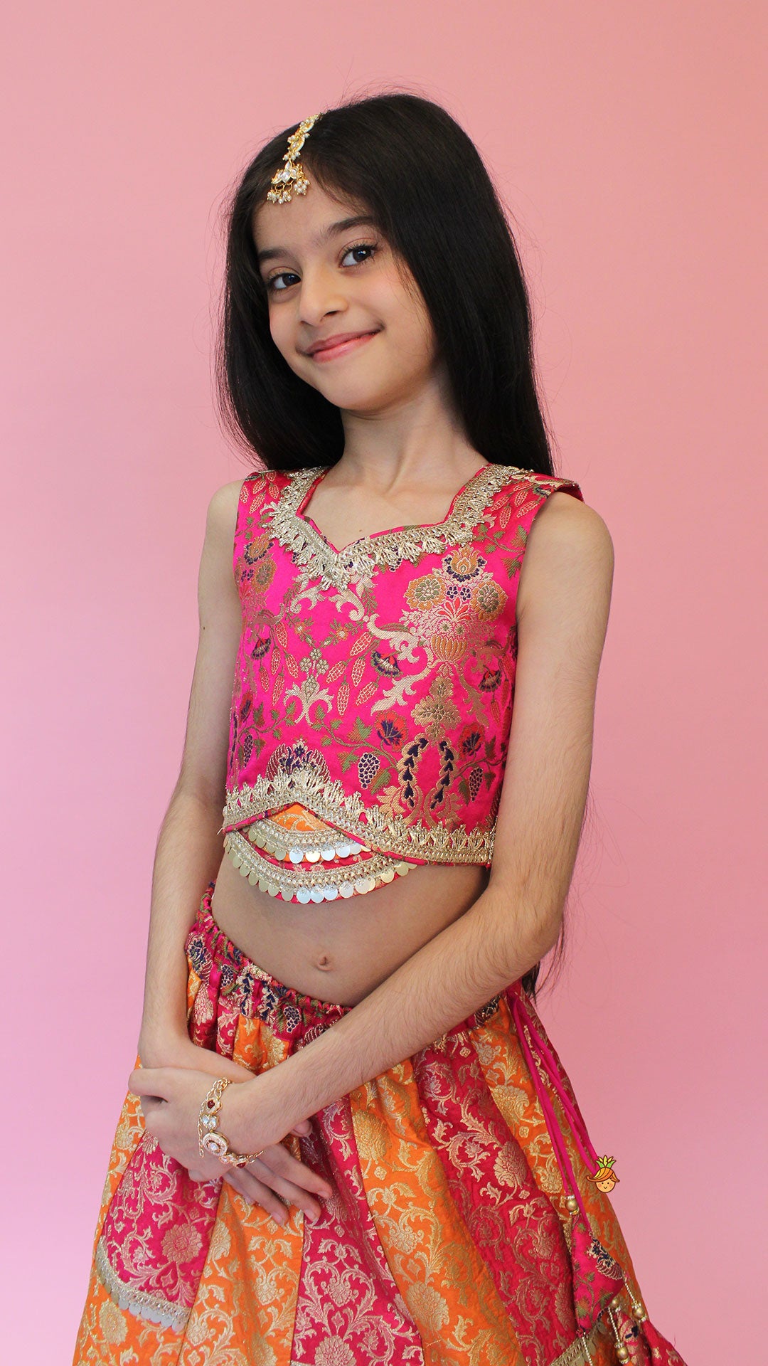 Pre Order: Stylish Brocade Multicolour Top And Lehenga With Net Dupatta