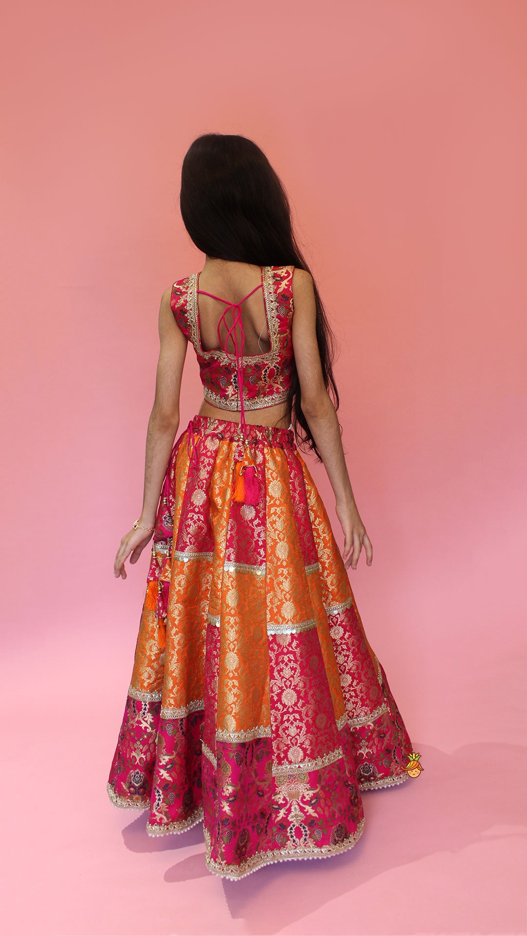 Pre Order: Stylish Brocade Multicolour Top And Lehenga With Net Dupatta