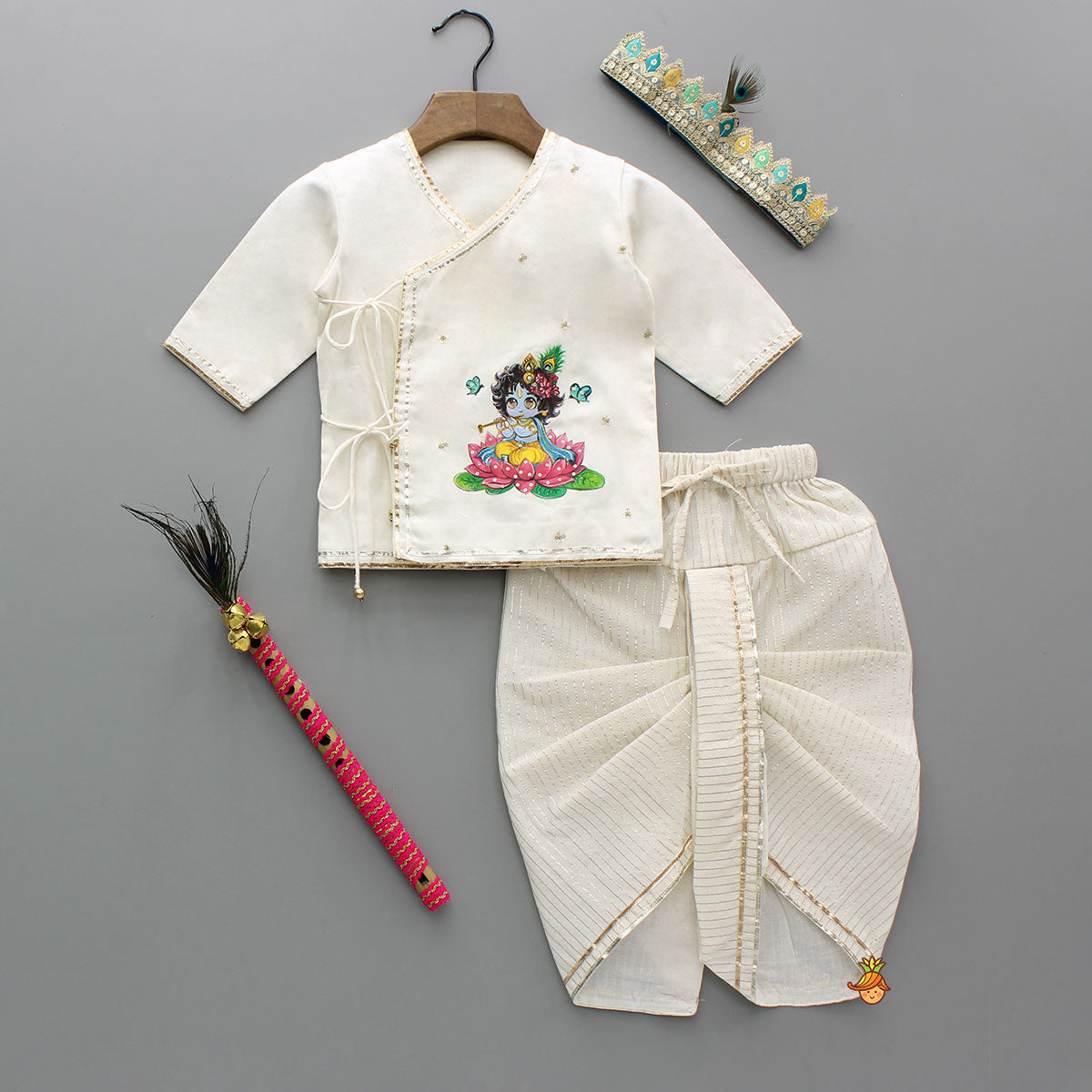 Pre Order: Beautiful Krishna Hand-Painted Off-White Kurta And Lurex Striped Dhoti With Mor Pankh Mukut And Basuri