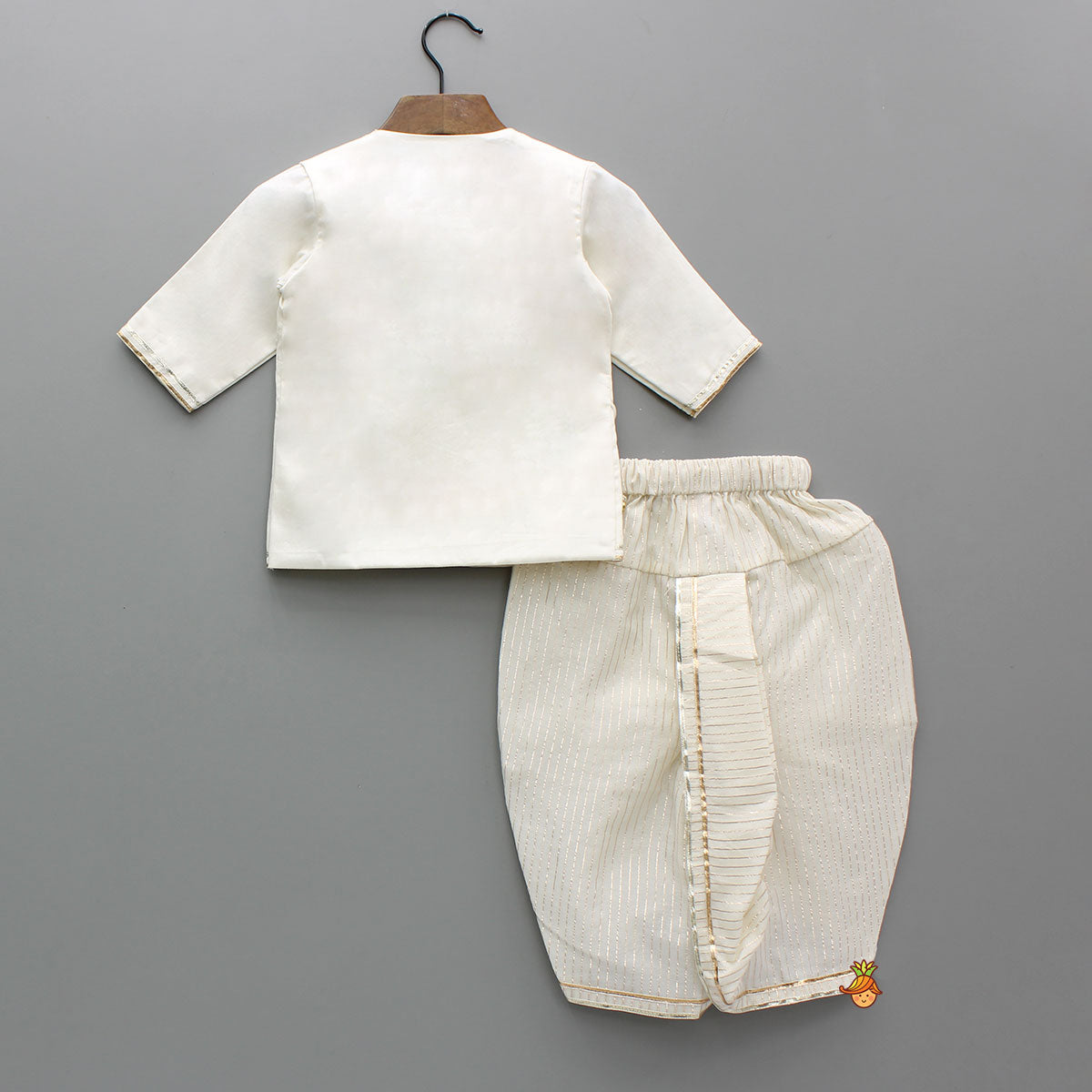 Pre Order: Beautiful Krishna Hand-Painted Off-White Kurta And Lurex Striped Dhoti With Mor Pankh Mukut And Basuri