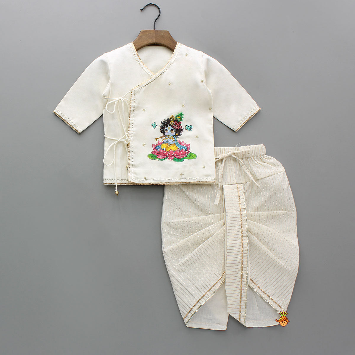 Pre Order: Beautiful Krishna Hand-Painted Off-White Kurta And Lurex Striped Dhoti With Mor Pankh Mukut And Basuri