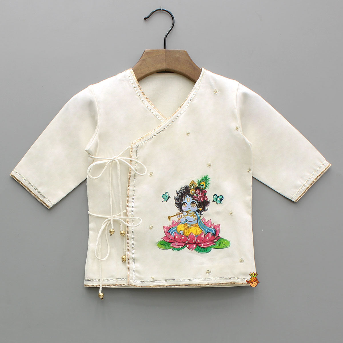 Pre Order: Beautiful Krishna Hand-Painted Off-White Kurta And Lurex Striped Dhoti With Mor Pankh Mukut And Basuri