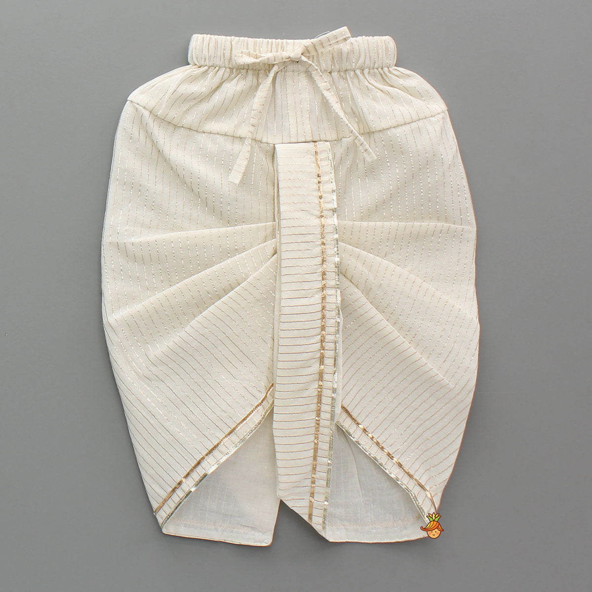 Pre Order: Beautiful Krishna Hand-Painted Off-White Kurta And Lurex Striped Dhoti With Mor Pankh Mukut And Basuri