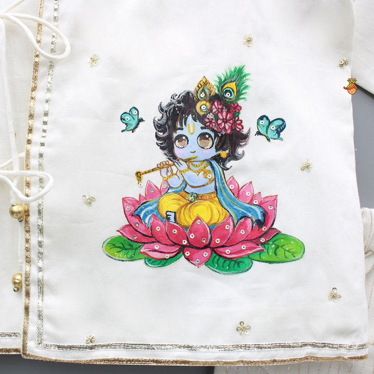 Pre Order: Beautiful Krishna Hand-Painted Off-White Kurta And Lurex Striped Dhoti With Mor Pankh Mukut And Basuri