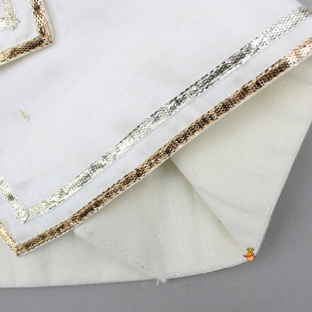 Pre Order: Beautiful Krishna Hand-Painted Off-White Kurta And Lurex Striped Dhoti With Mor Pankh Mukut And Basuri