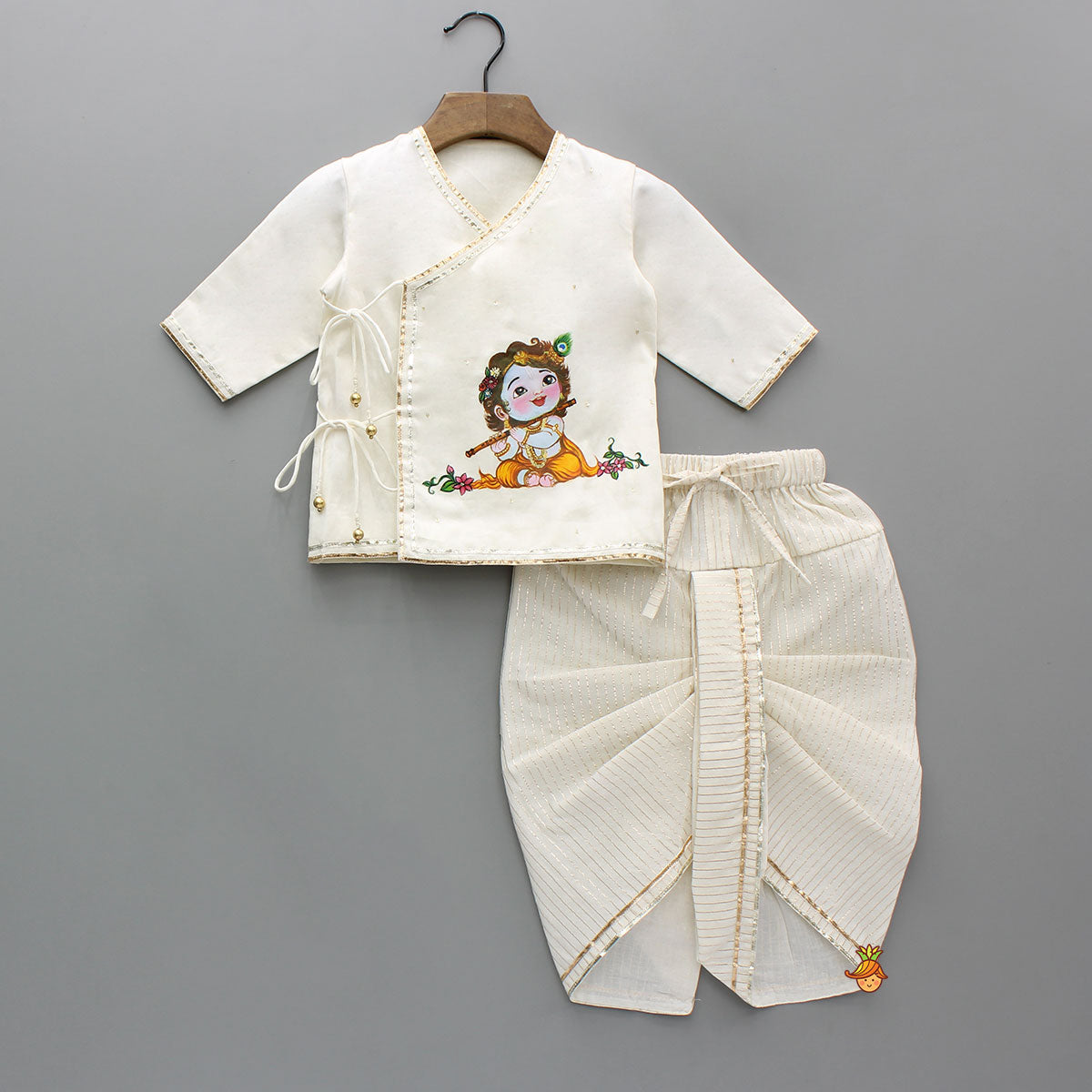 Pre Order: Krishna Hand-Painted Off-White Kurta And Lurex Striped Dhoti With Mor Pankh Mukut And Basuri