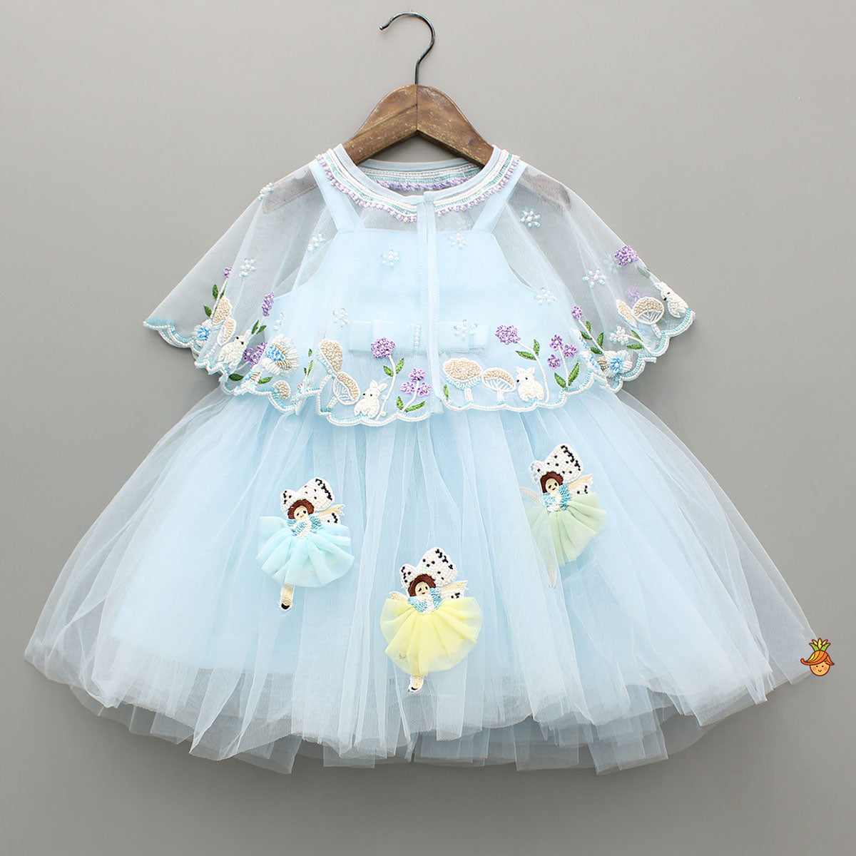 Pre Order: Sky Blue Strappy Dress With Embroidered Cape