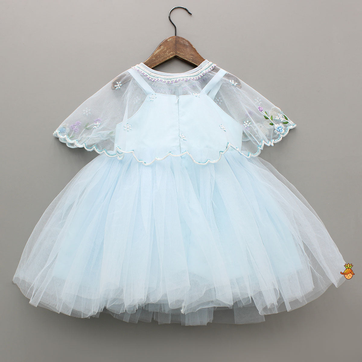 Pre Order: Sky Blue Strappy Dress With Embroidered Cape