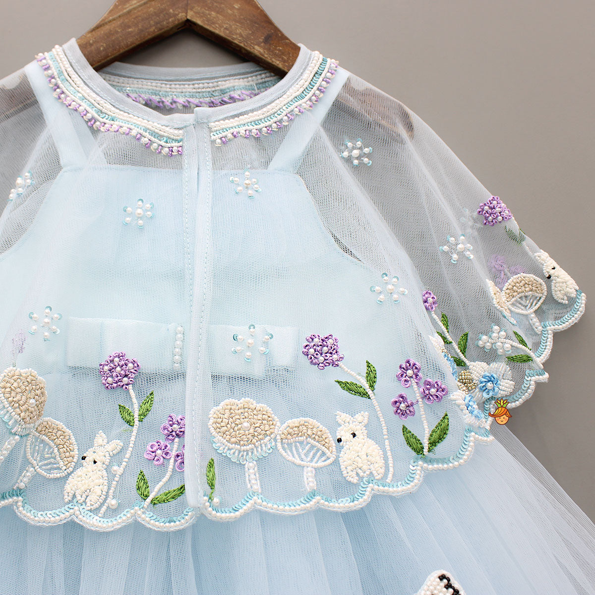 Pre Order: Sky Blue Strappy Dress With Embroidered Cape