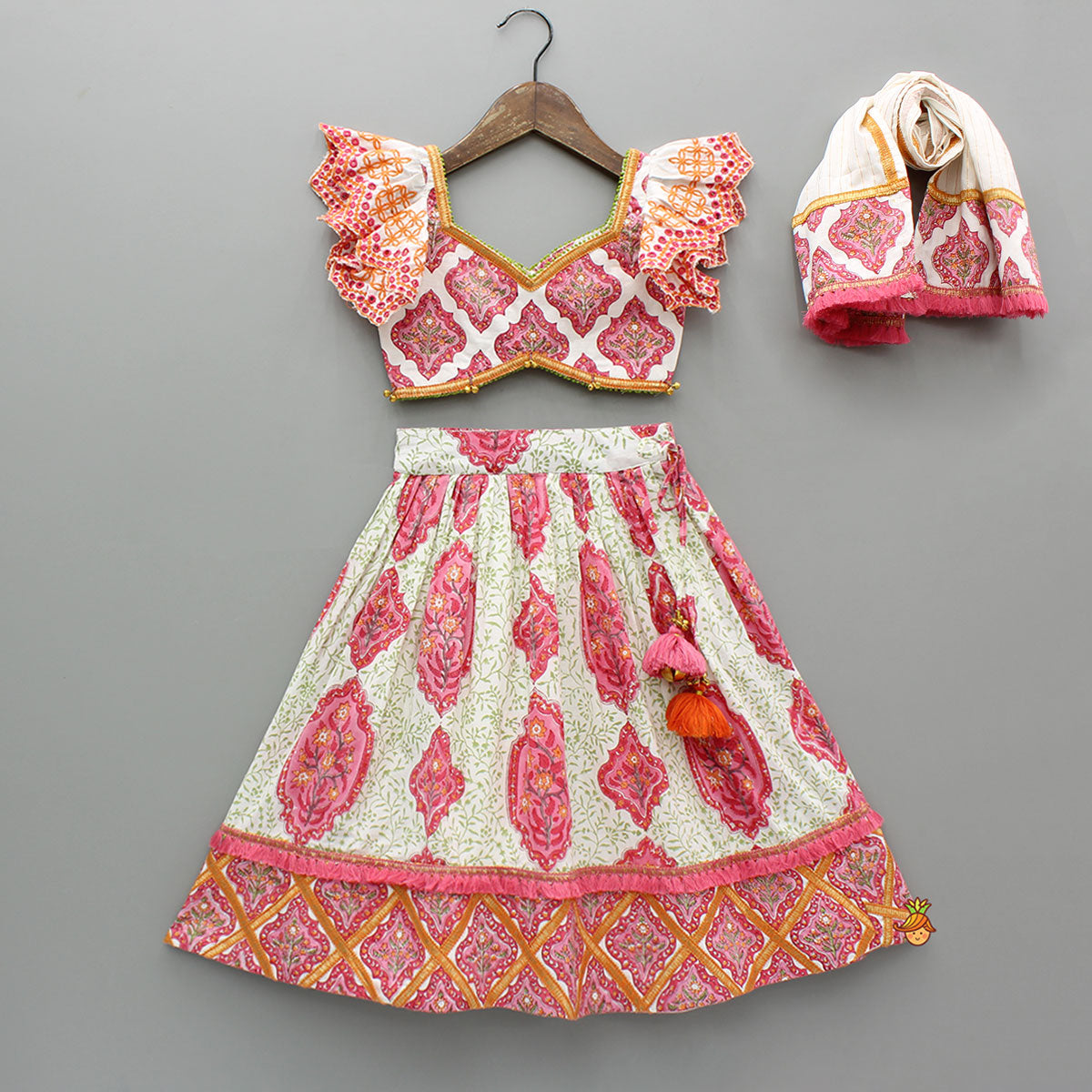 Pre Order: Beautiful Cotton Printed Top With Printed Lehenga And Dupatta