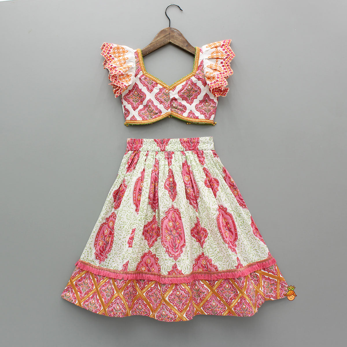 Pre Order: Beautiful Cotton Printed Top With Printed Lehenga And Dupatta