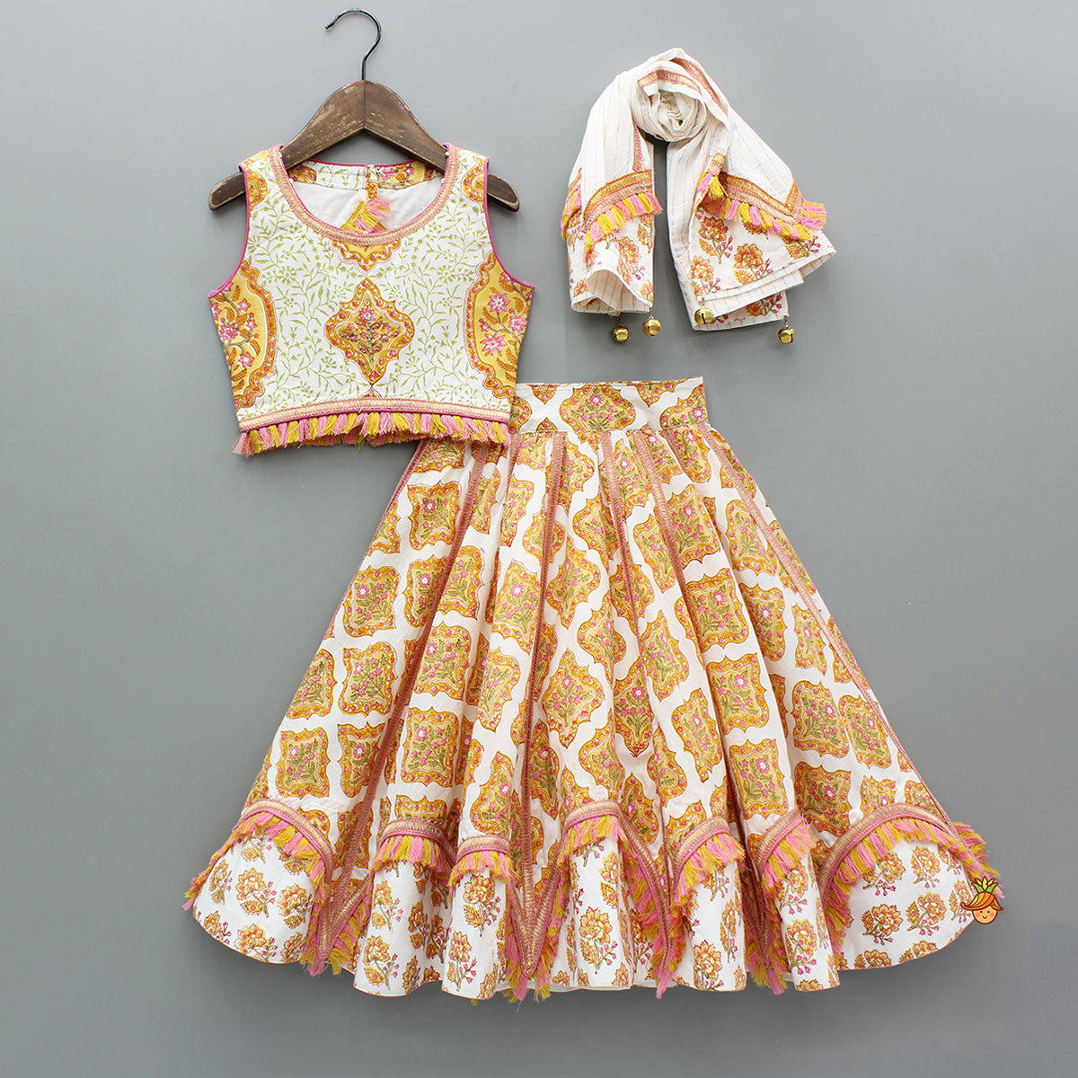 Pre Order: Stylish Cotton Printed Top With Printed Lehenga And Dupatta