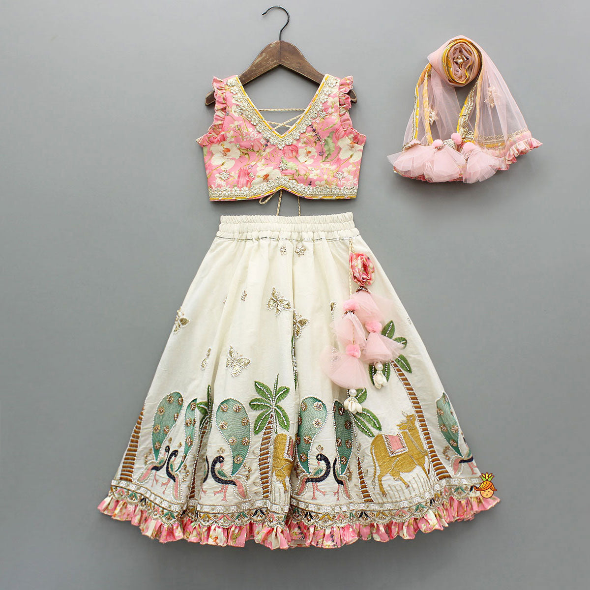 Pre Order: Stunning Pink Floral Printed Top With Embroidered Lehenga And Dupatta