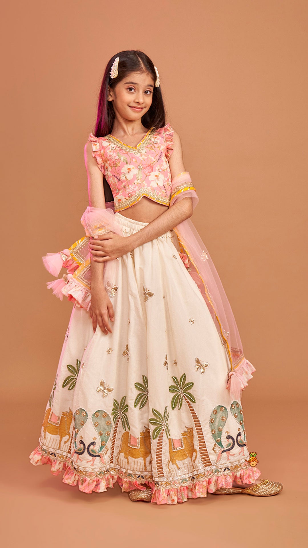 Pre Order: Stunning Pink Floral Printed Top With Embroidered Lehenga And Dupatta