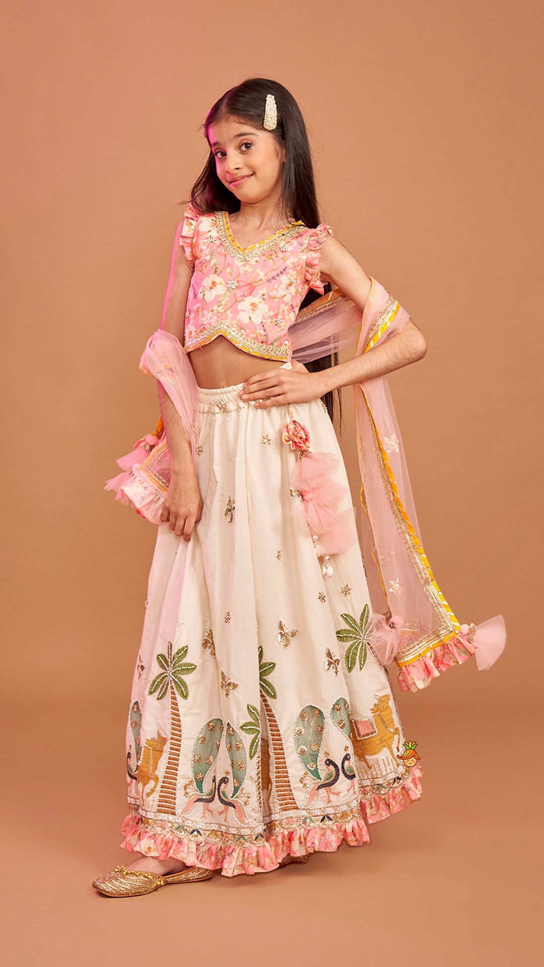Pre Order: Stunning Pink Floral Printed Top With Embroidered Lehenga And Dupatta