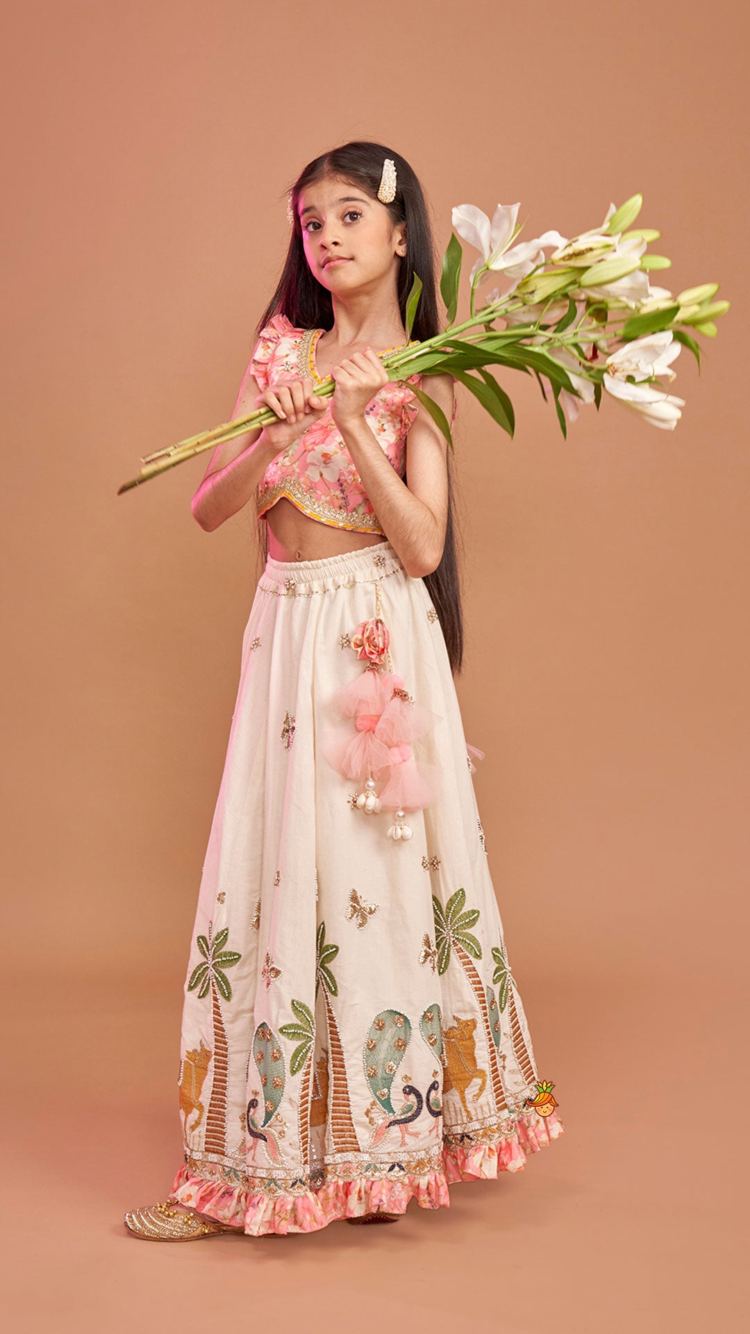 Pre Order: Stunning Pink Floral Printed Top With Embroidered Lehenga And Dupatta