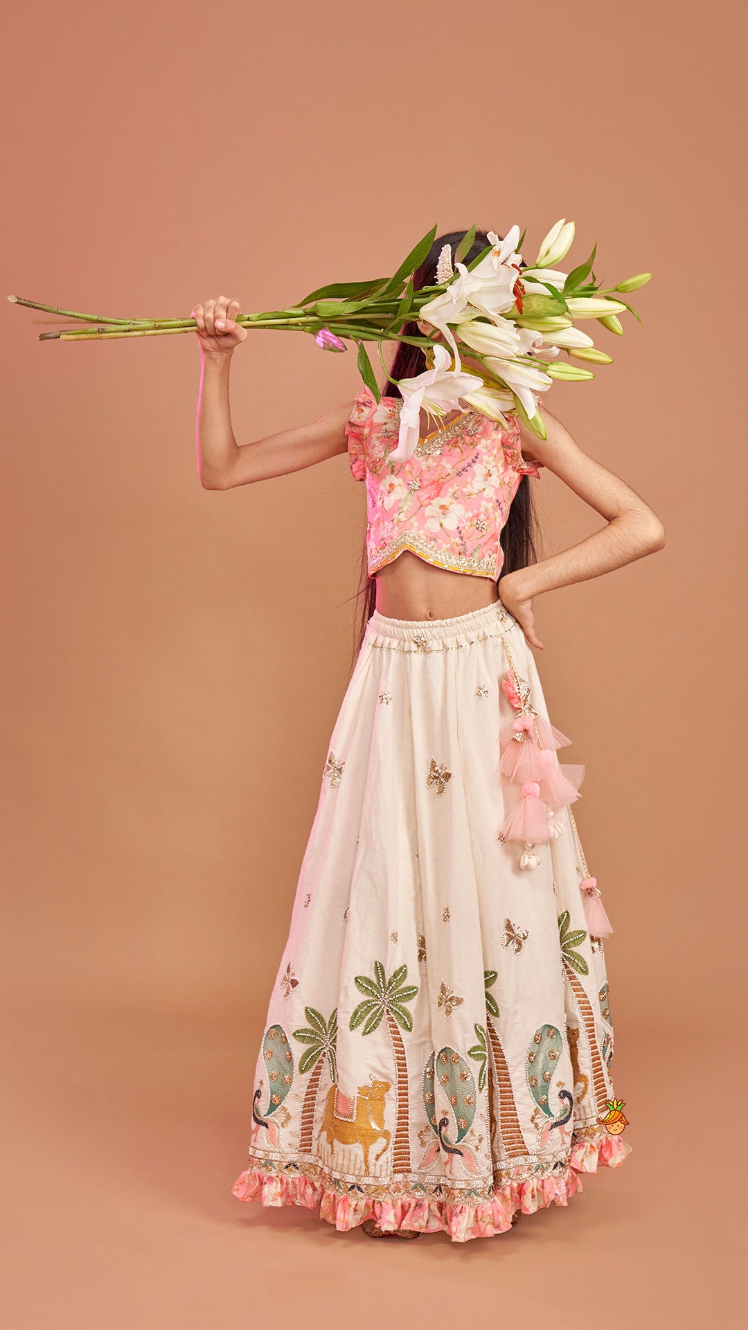 Pre Order: Stunning Pink Floral Printed Top With Embroidered Lehenga And Dupatta