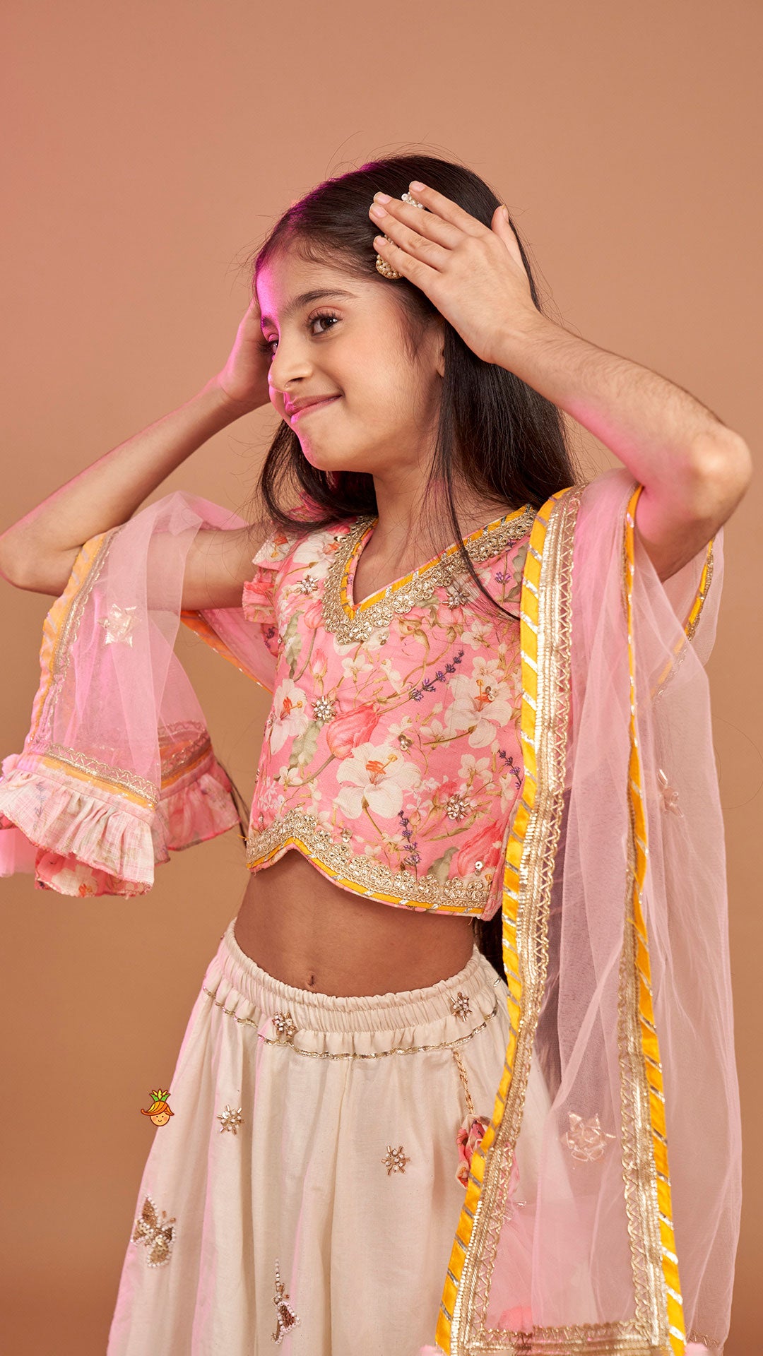Pre Order: Stunning Pink Floral Printed Top With Embroidered Lehenga And Dupatta