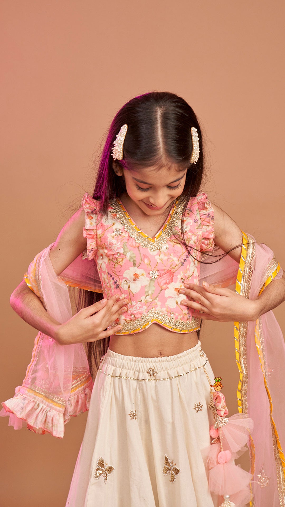 Pre Order: Stunning Pink Floral Printed Top With Embroidered Lehenga And Dupatta