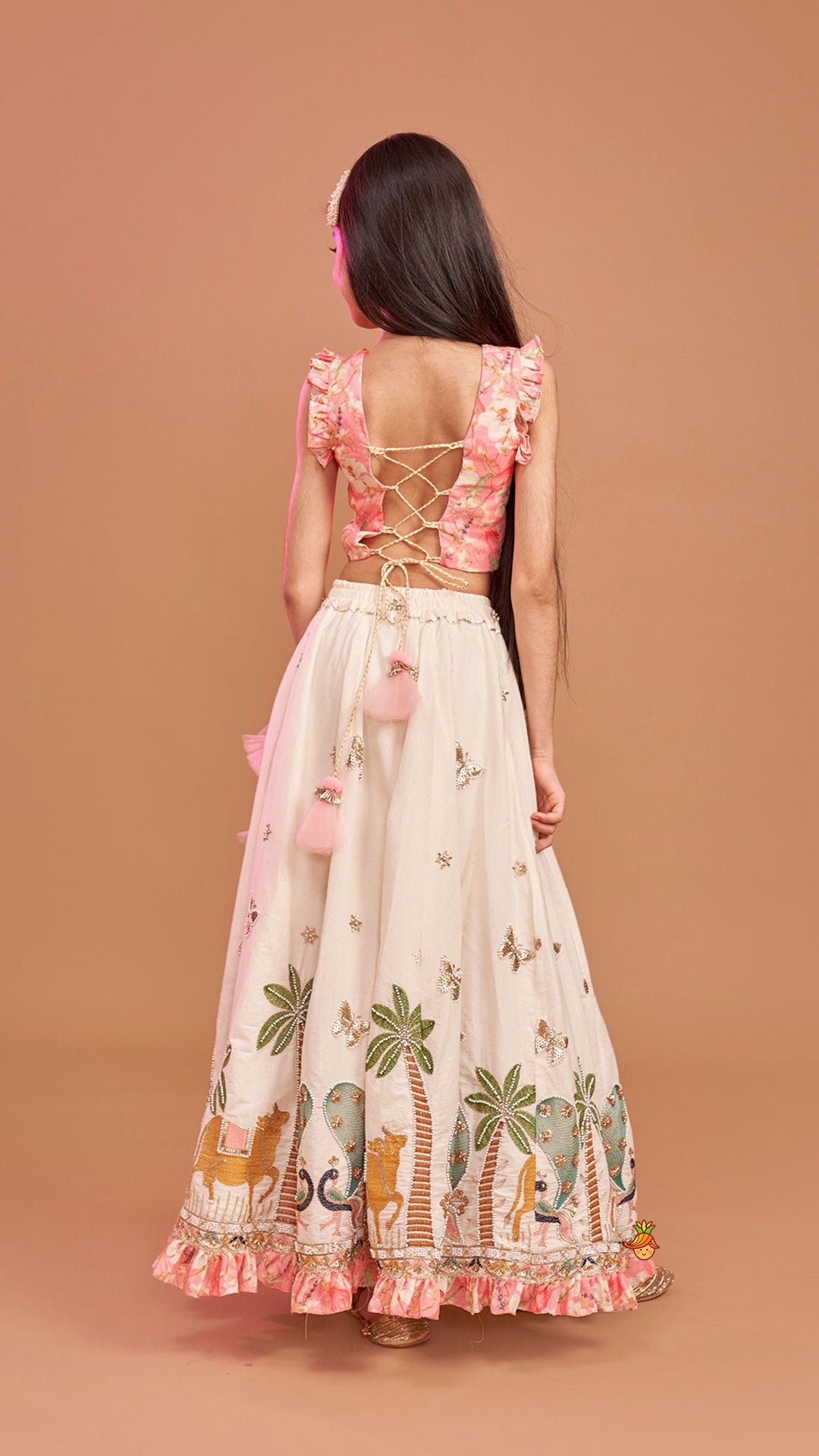 Pre Order: Stunning Pink Floral Printed Top With Embroidered Lehenga And Dupatta