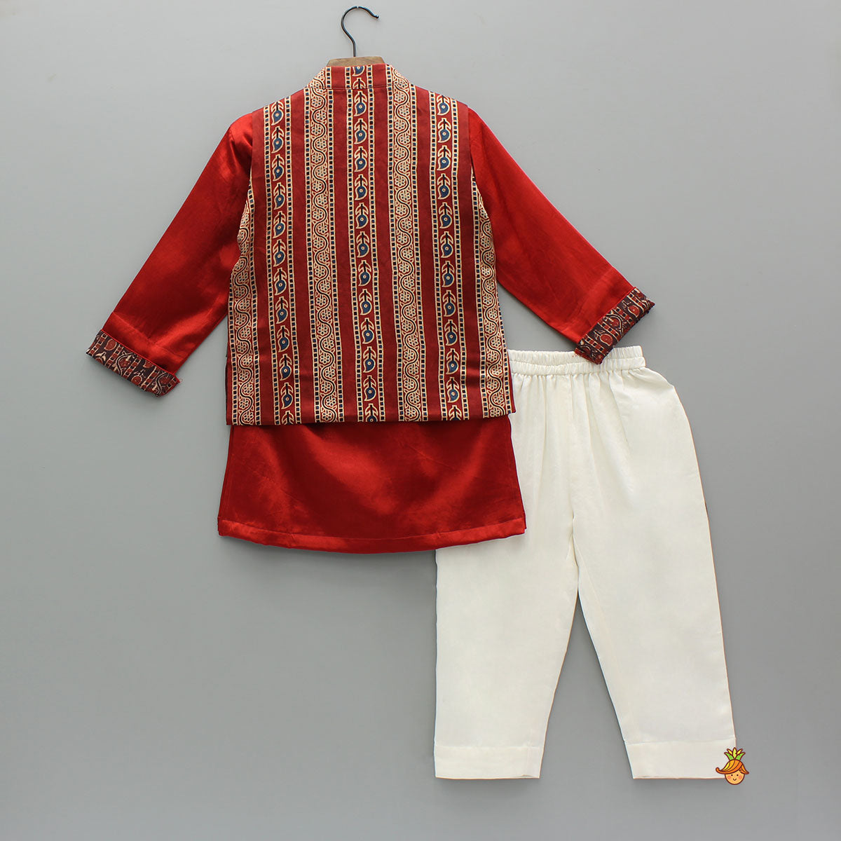 Pre Order: Red Kurta With Printed Jacket And Off White Pyjama