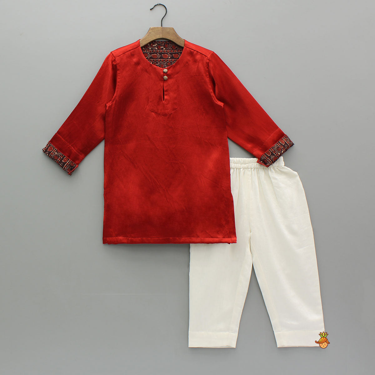 Pre Order: Red Kurta With Printed Jacket And Off White Pyjama