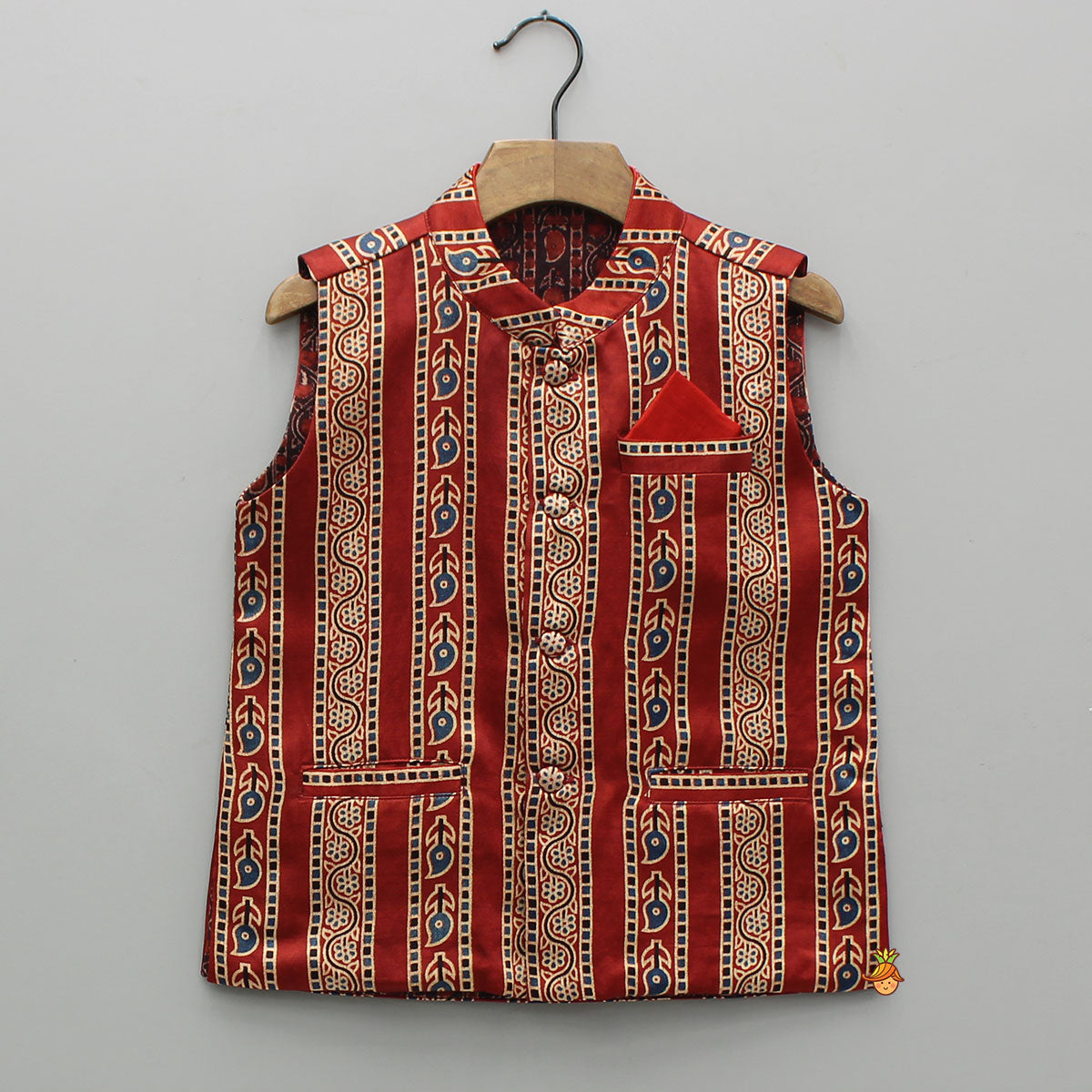 Pre Order: Red Kurta With Printed Jacket And Off White Pyjama