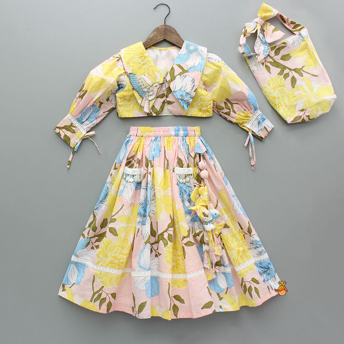 Pre Order: Floral Printed Cotton Top With Matching Lehenga And Bag