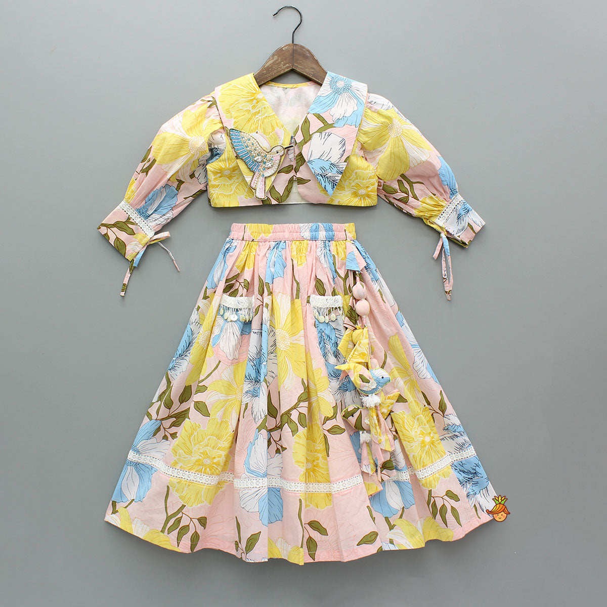 Pre Order: Floral Printed Cotton Top With Matching Lehenga And Bag