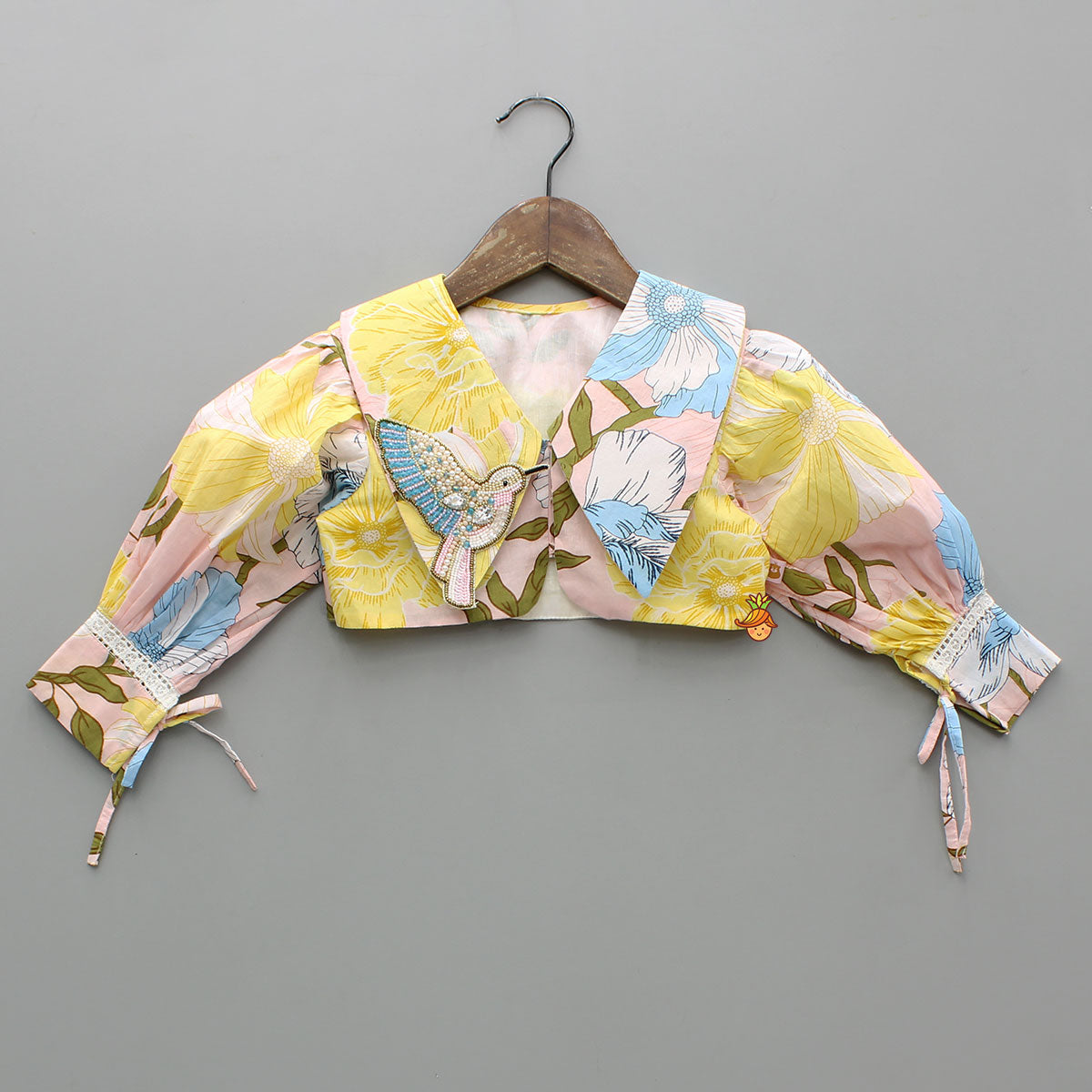 Pre Order: Floral Printed Cotton Top With Matching Lehenga And Bag