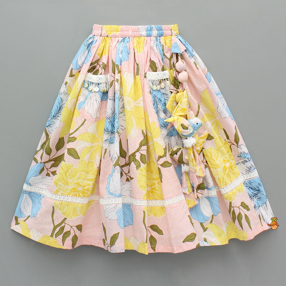 Pre Order: Floral Printed Cotton Top With Matching Lehenga And Bag