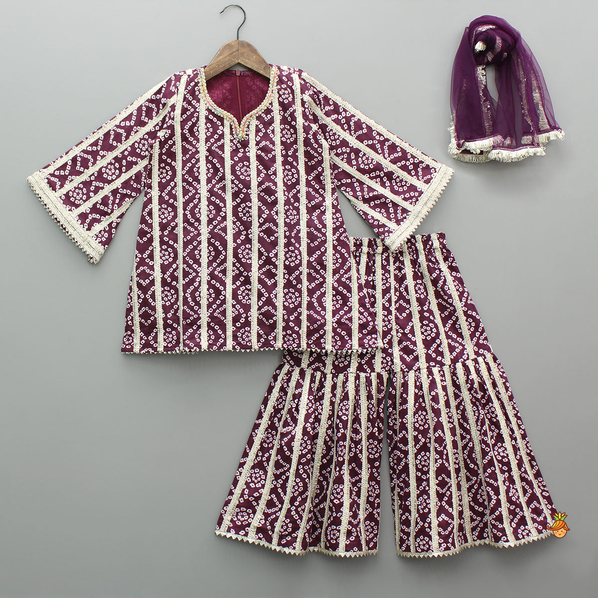 Pre Order: Bandhani Printed Lace Detailed Kurti With Sharara And Dupatta