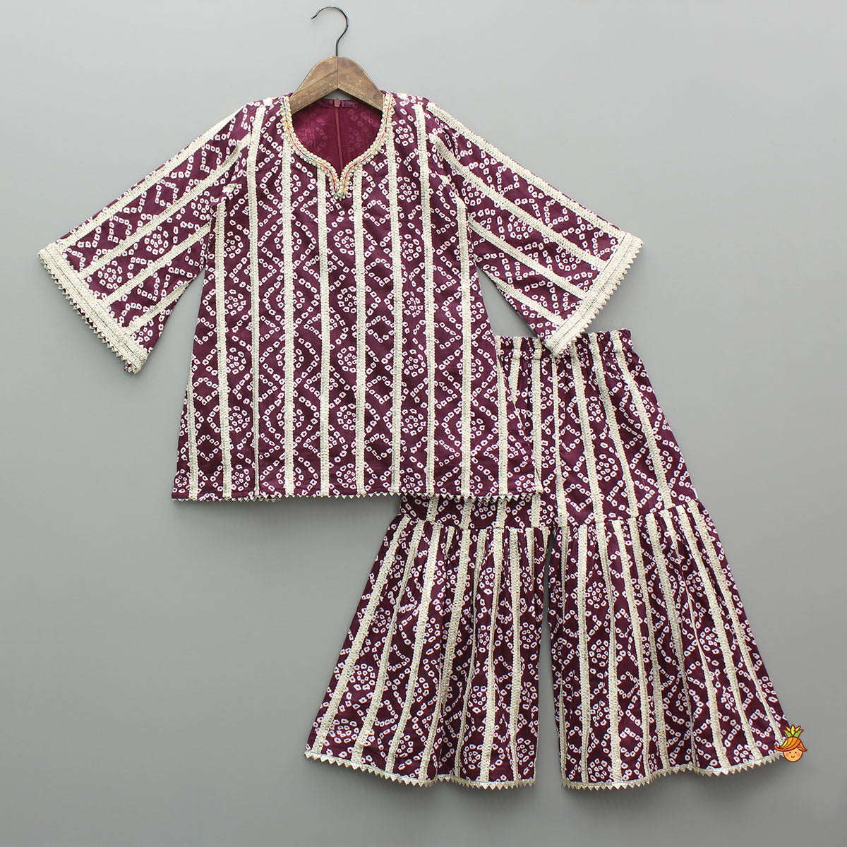Pre Order: Bandhani Printed Lace Detailed Kurti With Sharara And Dupatta